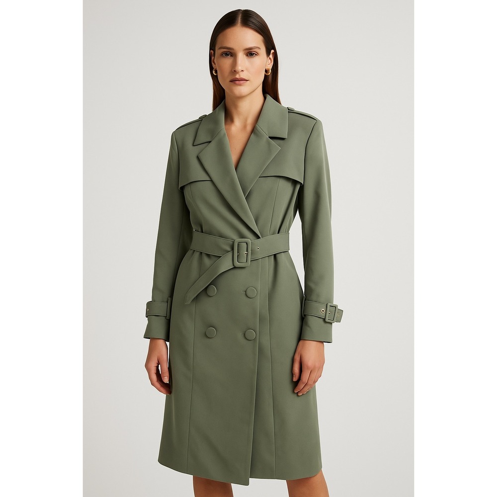 Misha Collection Olive Green Sage Double Breasted Belted Trench Coat Midi US 4